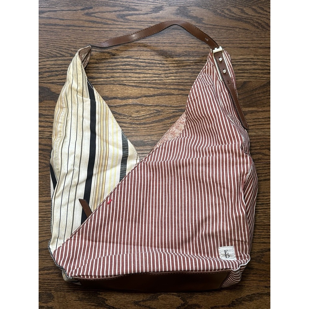 ED Ellen DeGeneres Multi Stripe Shoulder Bag Brown Canvas Vegan Leather Pockets